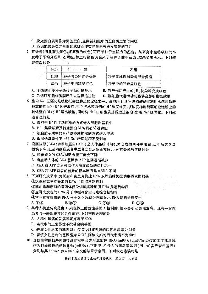 2022年广东省梅州市高三总复习质检生物试题含答案02
