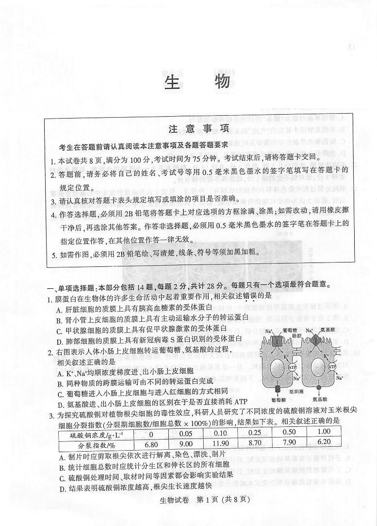 江苏省南通市2021-2022学年高三第一次调研测试生物试卷含答案01