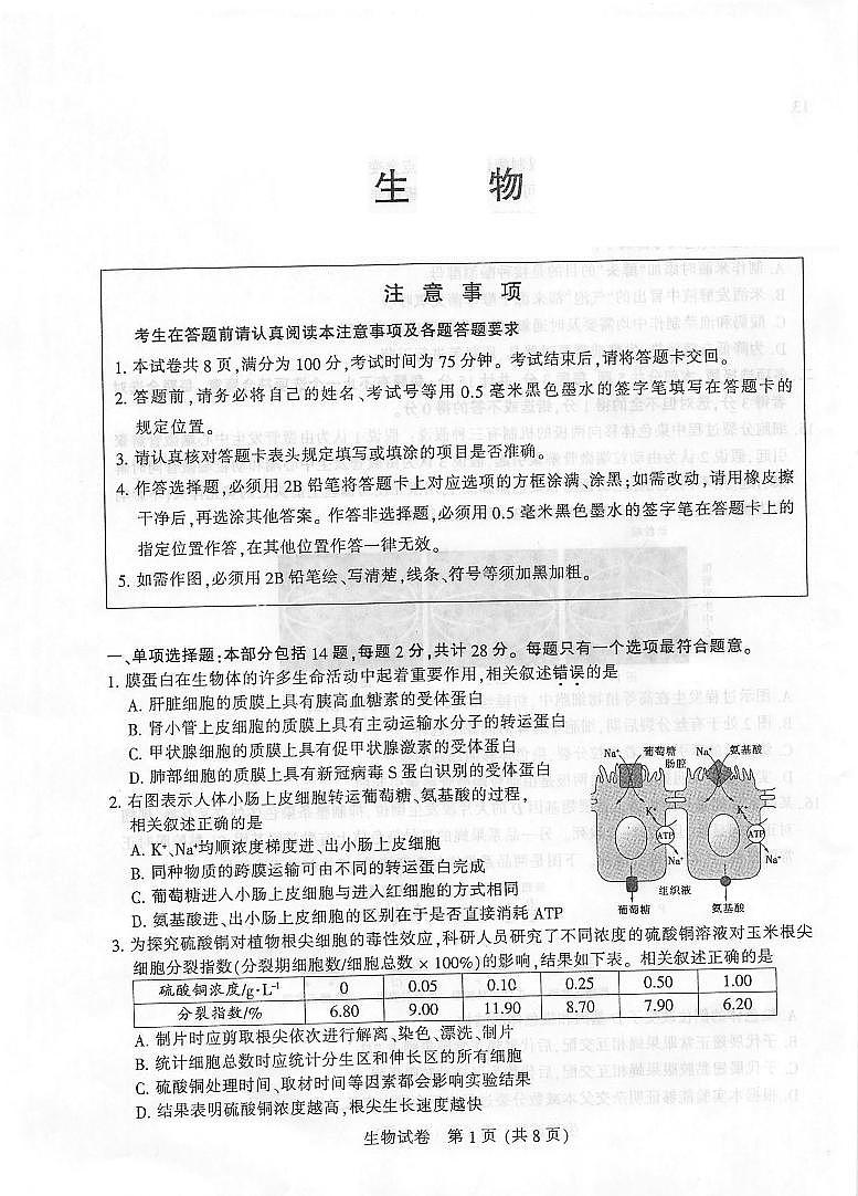 江苏省南通市2021-2022学年高三第一次调研测试生物试卷含答案01
