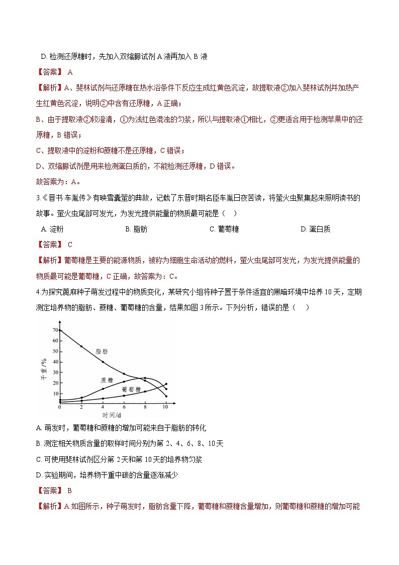 第1.2课 细胞中的糖类和脂类-2021-2022学年高一生物课后培优练（苏教版2019必修1）02