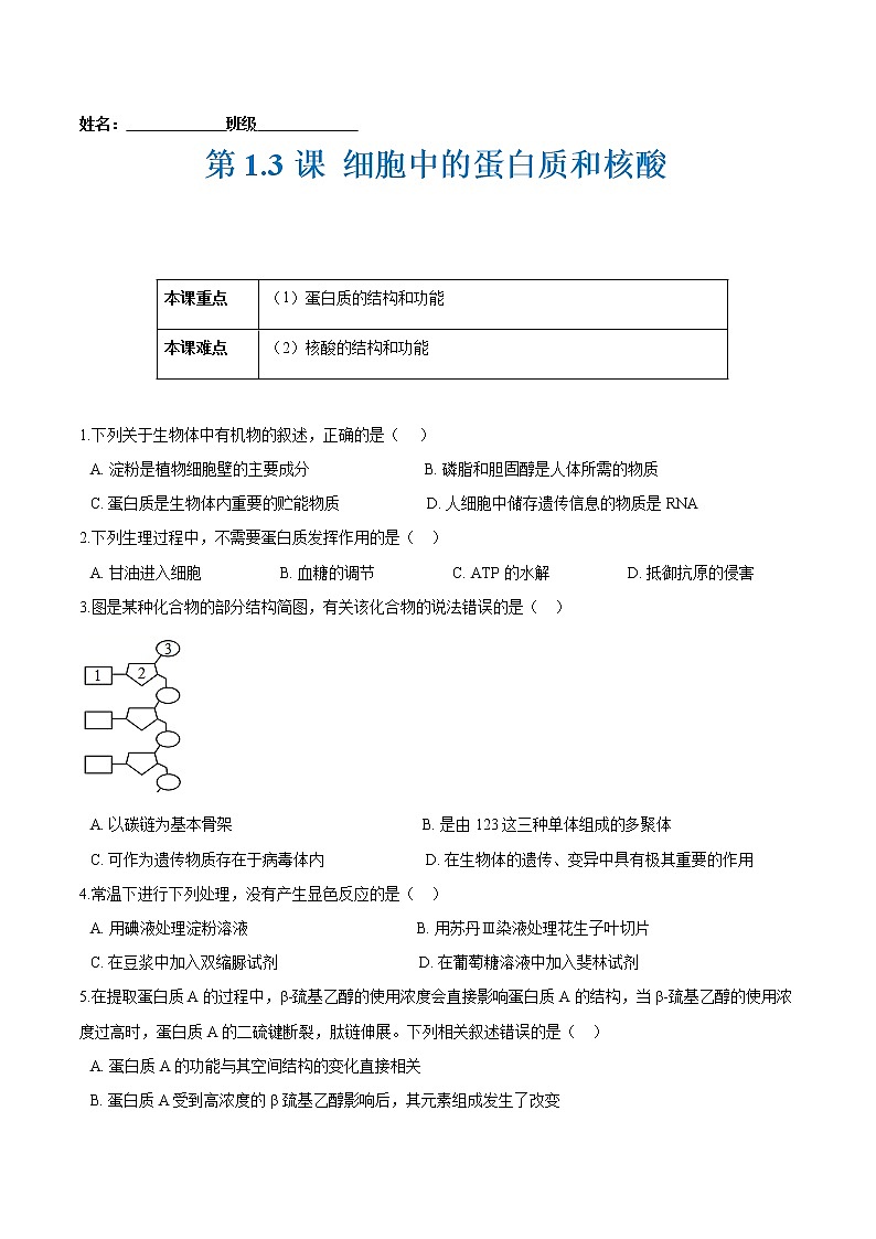 第1.3课 细胞中的蛋白质和核酸-2021-2022学年高一生物课后培优练（苏教版2019必修1）01