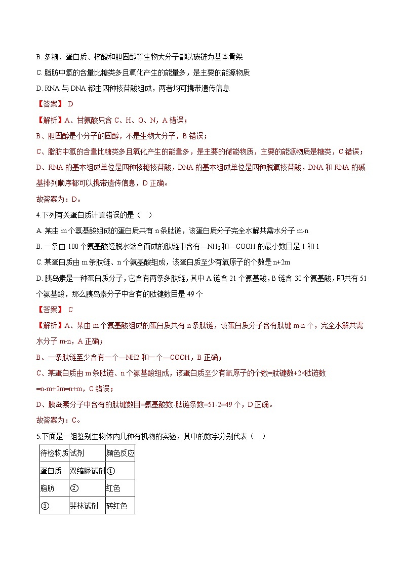 第一章 细胞的分子组成 单元检测（解析版）-2021-2022学年高一生物课后培优练（苏教版2019必修1）第2页