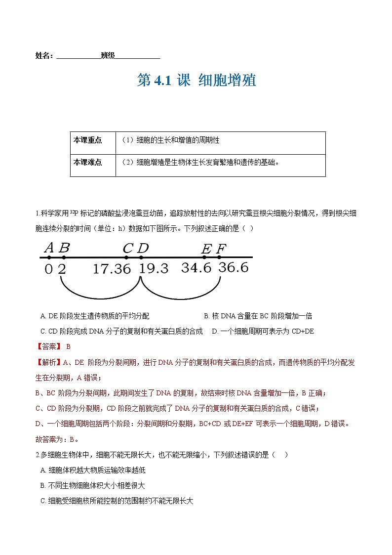 第4.1课 细胞增殖-2021-2022学年高一生物课后培优练（苏教版2019必修1）01