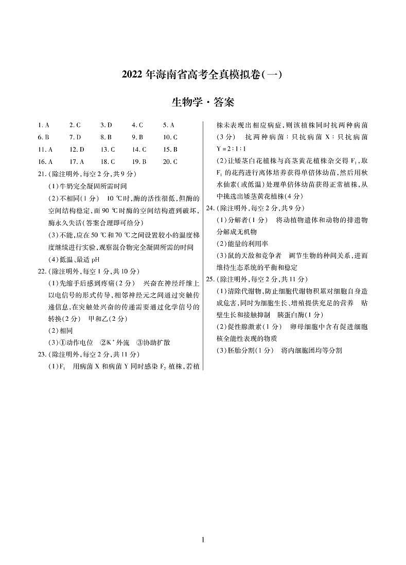 2022海南高三下学期高考全真模拟卷（一）生物试题含答案01