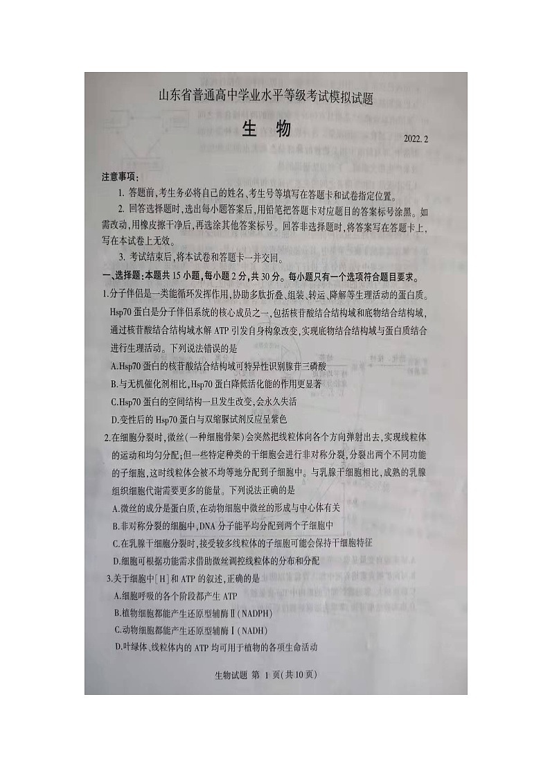 2022届山东省临沂高三一模生物试卷无答案01