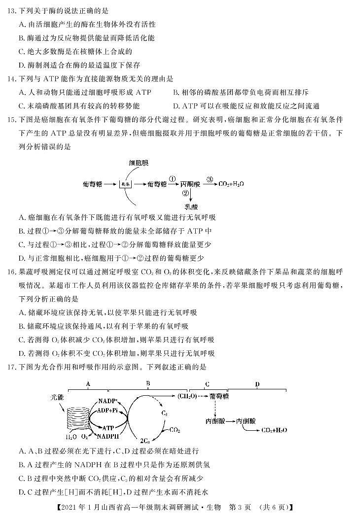 2020-2021学年山西省（晋中市）高一上学期期末调研生物试题 PDF版03