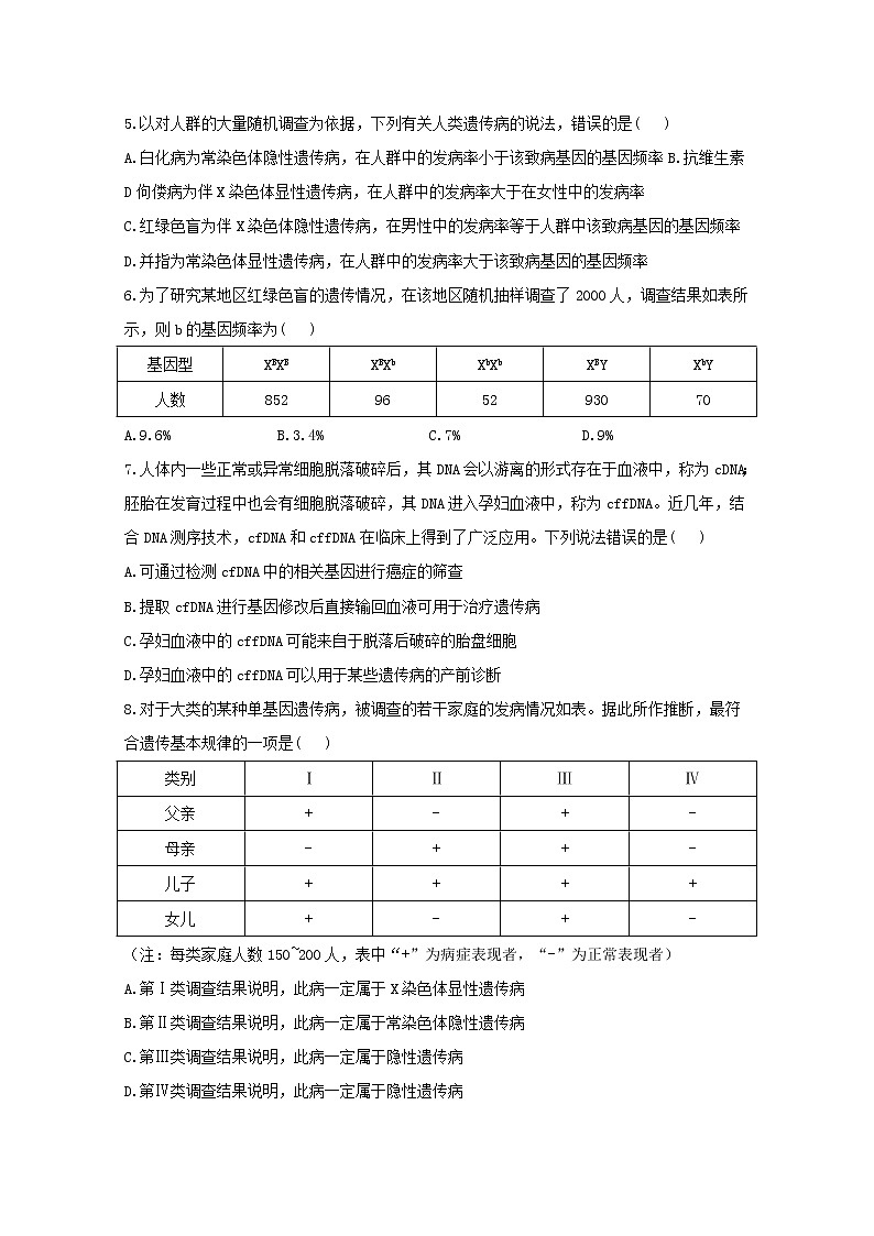 高中生物暑假作业14人类遗传病能力提升含解析 练习02