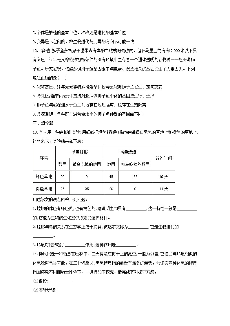 高中生物暑假作业16自然选择与适应的形成能力提升含解析 练习03