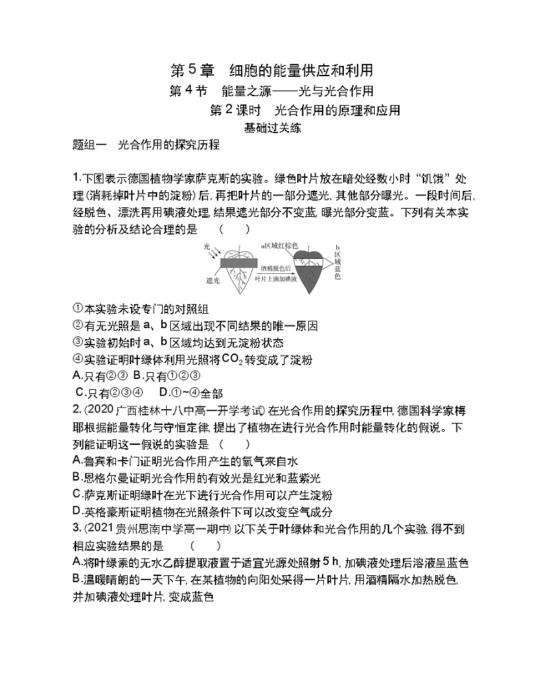 第4节 能量之源——光与光合作用第2课时-2022版生物必修1 人教版（新课标） 同步练习 （Word含解析）01