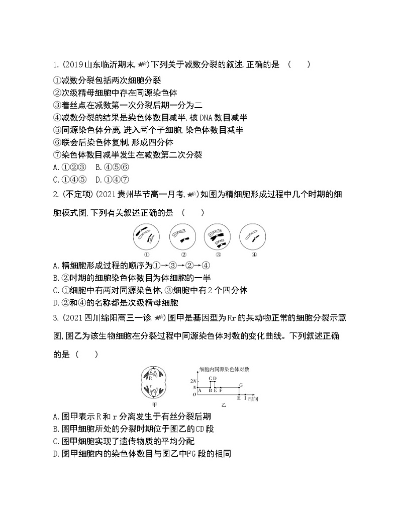 第1节减数分裂和受精作用第1课时-2022版生物必修2 人教版（新课标） 同步练习 （Word含解析）第3页