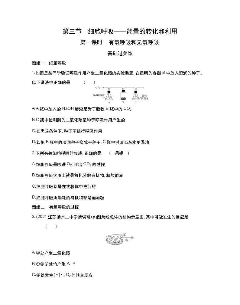 第一课时　有氧呼吸和无氧呼吸-2022版生物必修第一册 苏教版（2019） 同步练习 （Word含解析）第1页