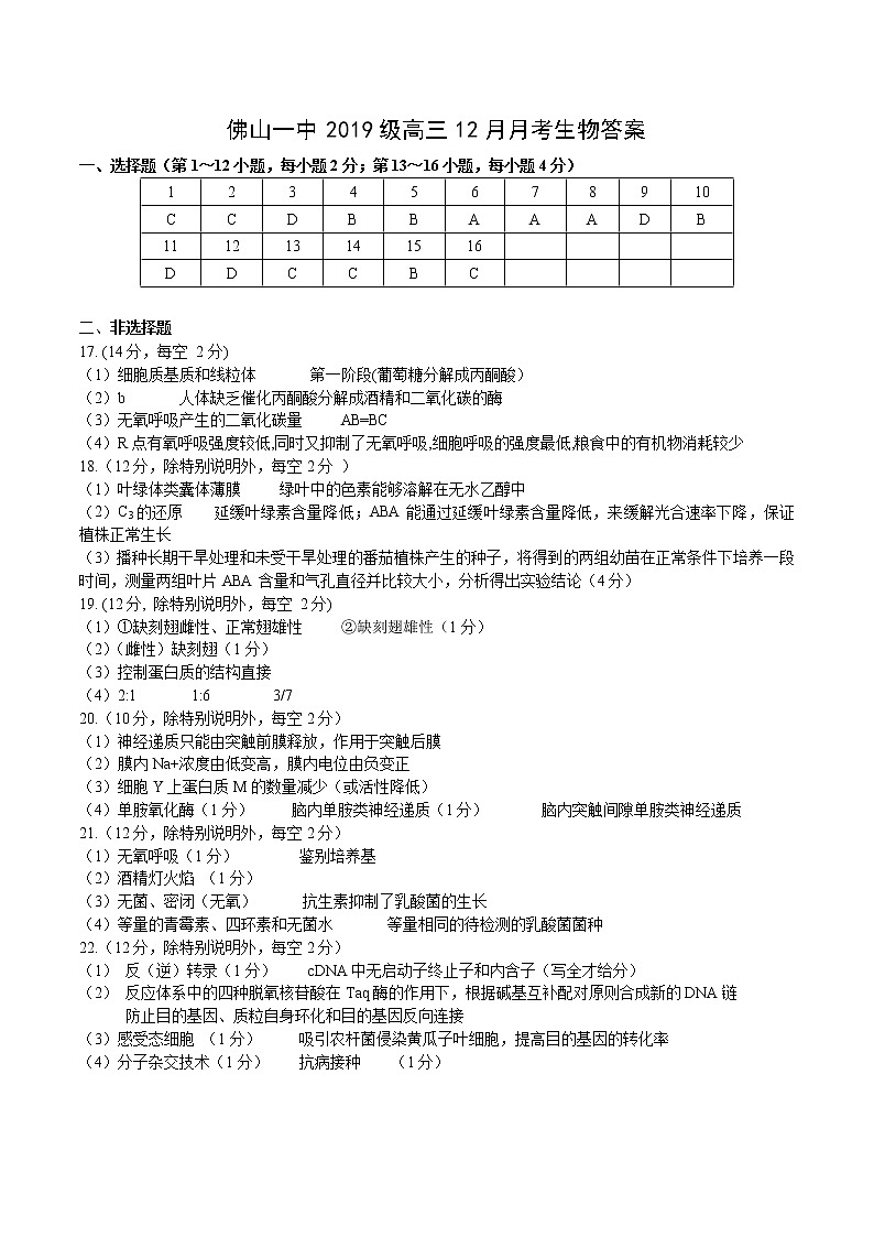 佛山一中高三12月月考生物答案第1页