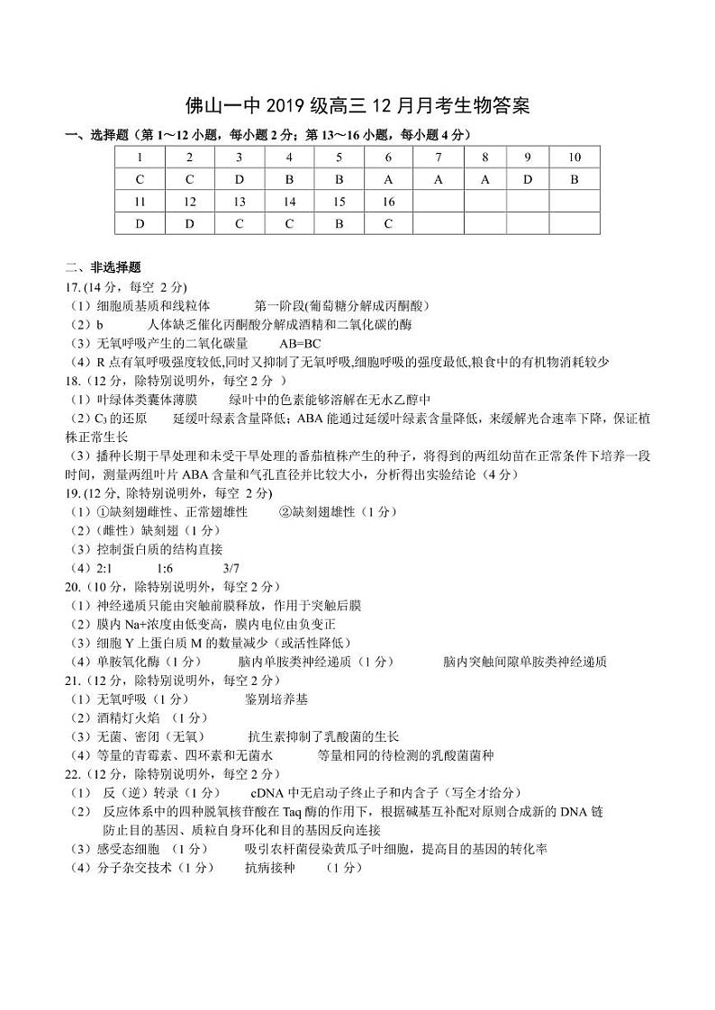 佛山一中2019级高三12月月考生物答案第1页