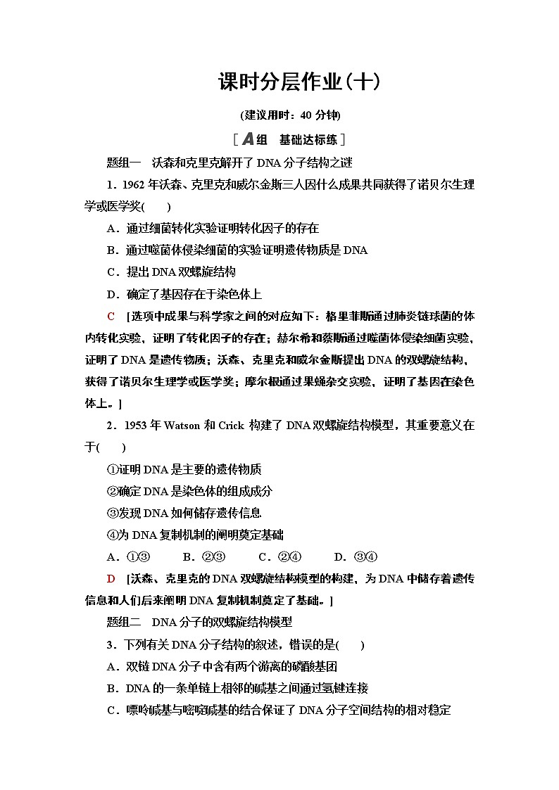 课时作业10 DNA分子的结构【新教材】苏教版（2019）高中生物必修二第1页