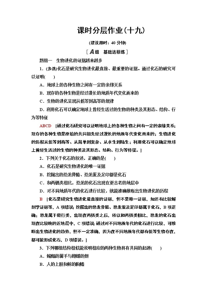 课时作业19 生物的多样性和适应性是进化的结果【新教材】苏教版（2019）高中生物必修二 练习01