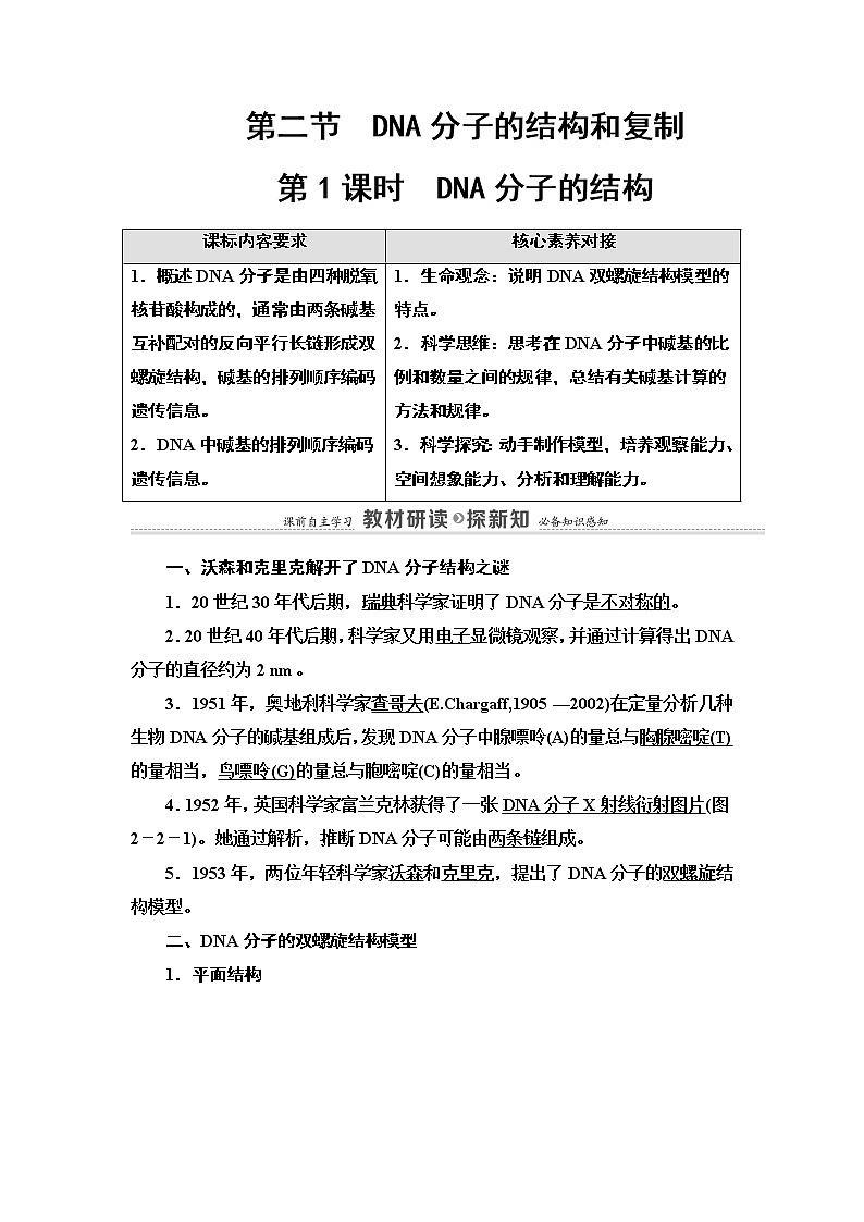 第2章 第2节 第1课时 DNA分子的结构 讲义 【新教材】苏教版（2019）高中生物必修二教案01