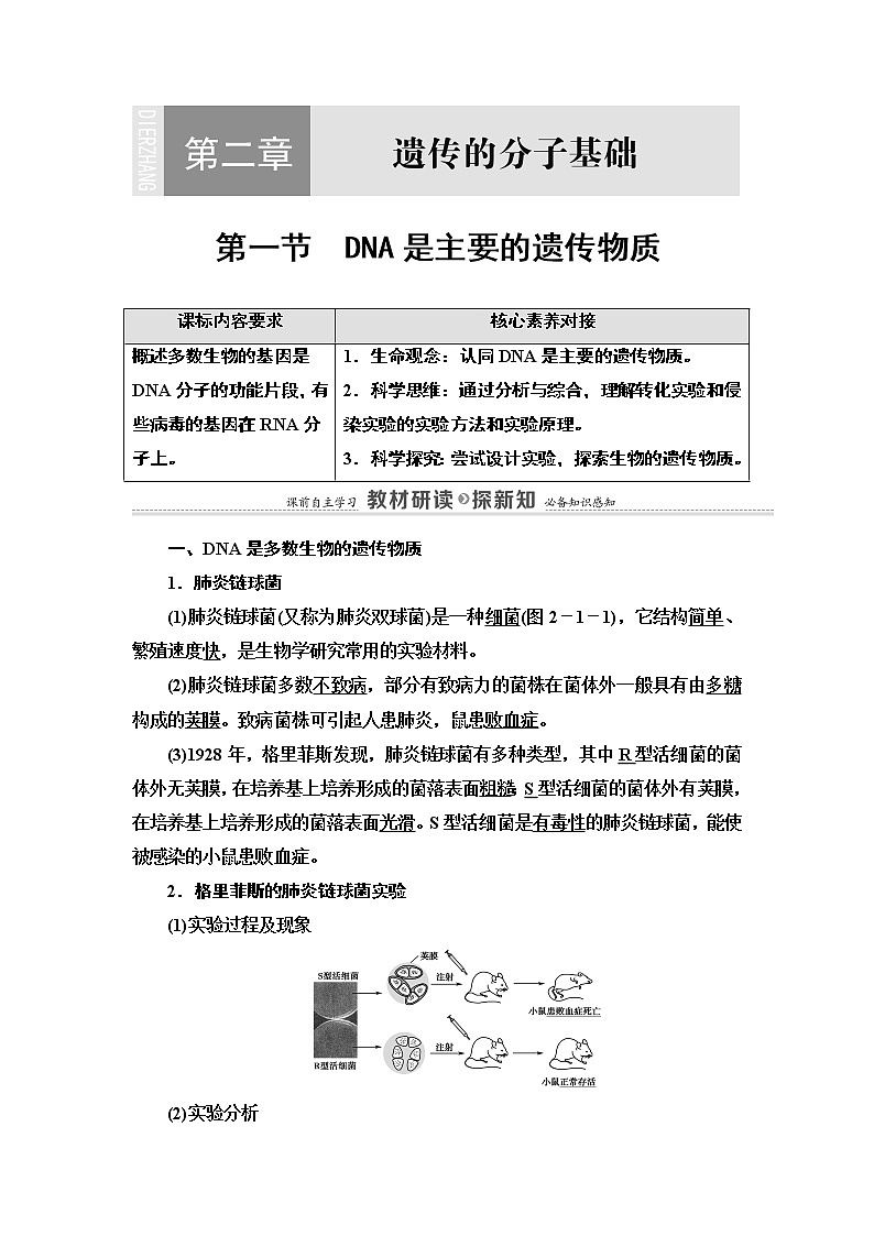 第2章 第1节 DNA是主要的遗传物质 讲义 【新教材】苏教版（2019）高中生物必修二教案01