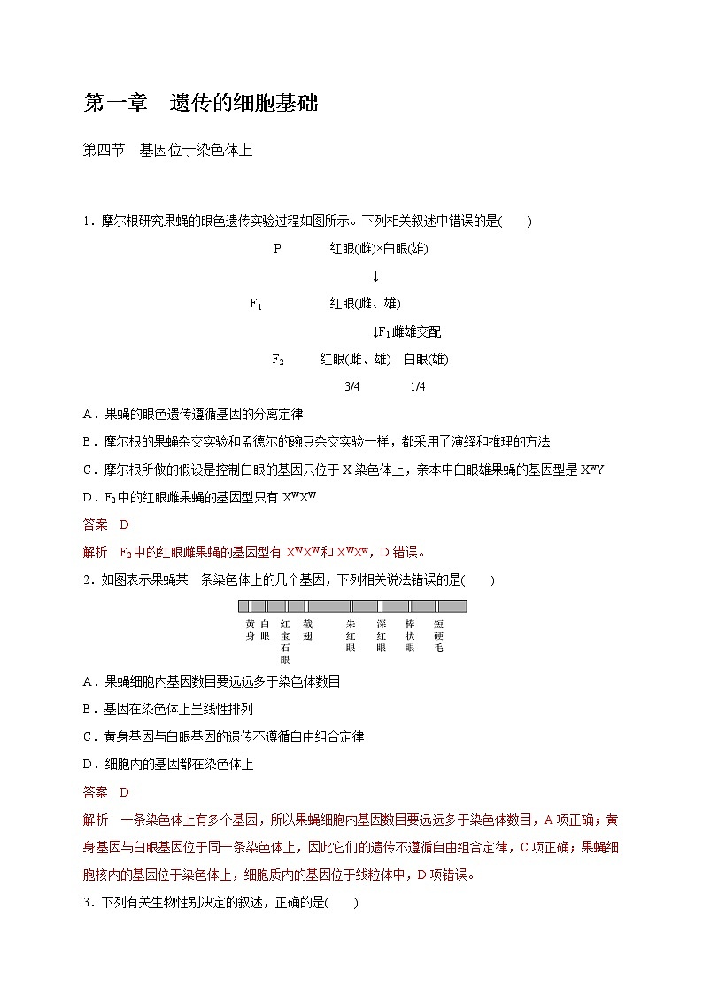 1.4 基因位于染色体上-2020-2021学年高一生物同步备课系列（新苏教版（2020）必修2）练习题01