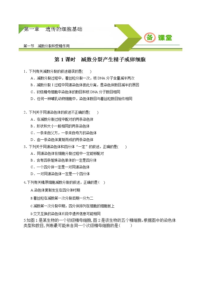 1.1.1 减数分裂产生精子或卵细胞-2020-2021学年高一生物同步备课系列（新苏教版（2020）必修2）练习题01