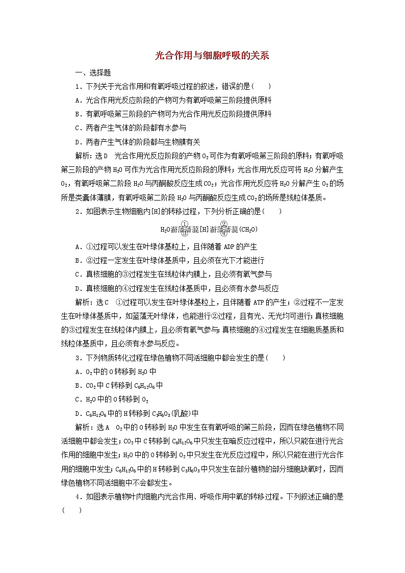 2022届高考生物总复习课时达标能力检测试卷十一光合作用与细胞呼吸的关系含解析第1页