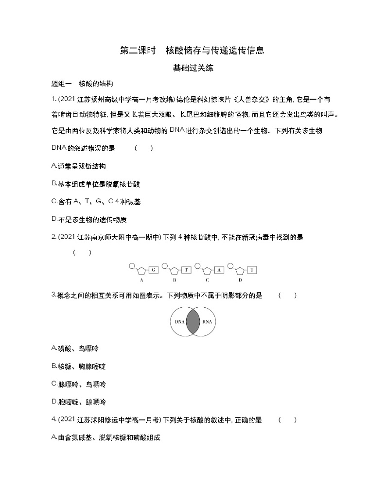 第二课时　核酸储存与传递遗传信息-2022版生物必修第一册 苏教版（2019） 同步练习 （Word含解析）01
