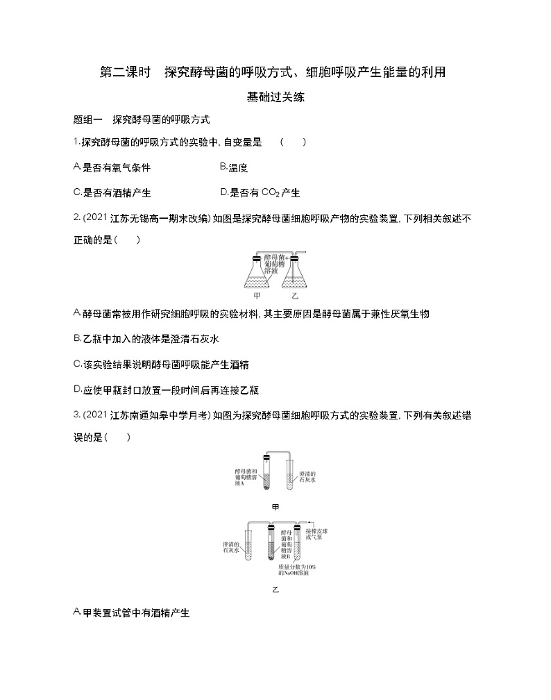 第二课时　探究酵母菌的呼吸方式、细胞呼吸产生能量的利用-2022版生物必修第一册 苏教版（2019） 同步练习 （Word含解析）01