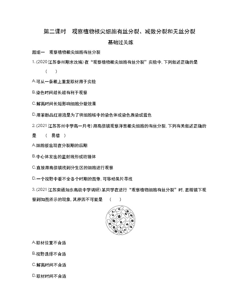 第二课时　观察植物根尖细胞有丝分裂、减数分裂和无丝分裂-2022版生物必修第一册 苏教版（2019） 同步练习 （Word含解析）01