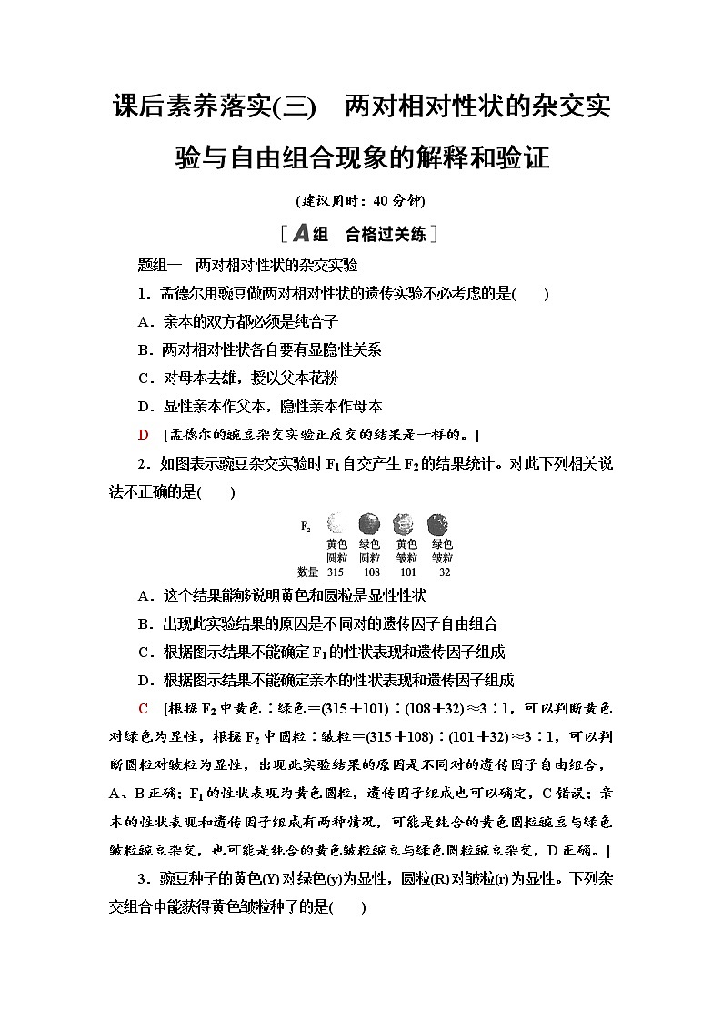 2021-2022学年高中生物新人教版必修第二册 1.2.1 两对相对性状的杂交实验与自由组合现象的解释和验证 作业第1页