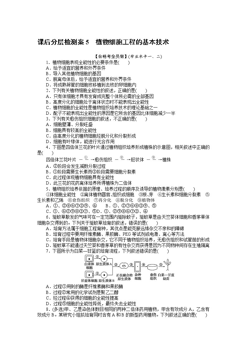 2021-2022学年高中生物新人教版选择性必修3 2.1.1 植物细胞工程的基本技术 作业第1页