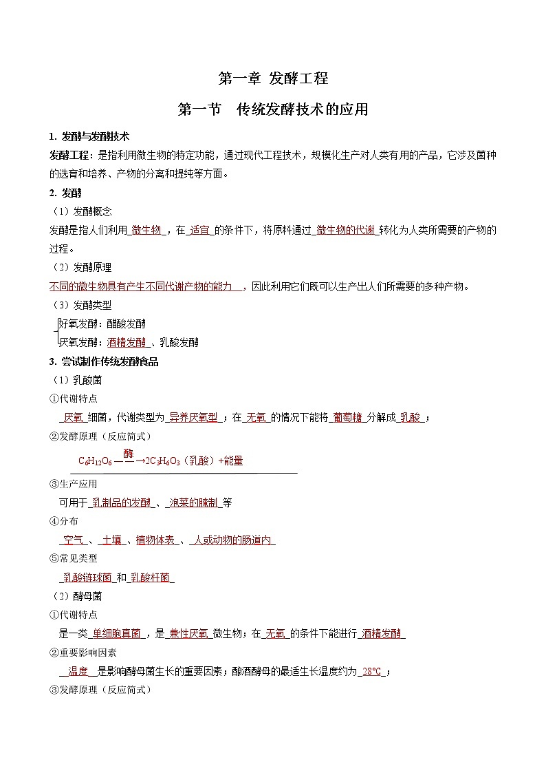 第一章 发酵工程（教师版）必背知识 高中生物新人教版选择性必修3（2022年）第1页