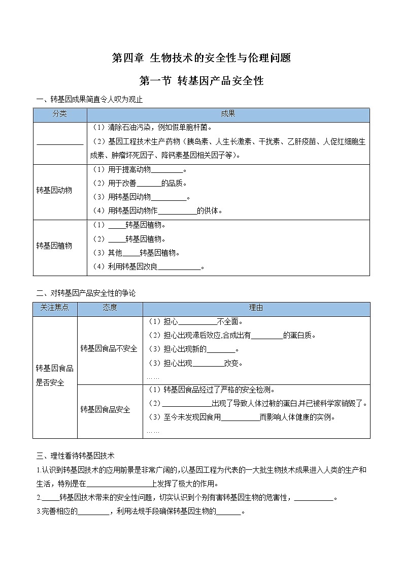第四章 生物技术的安全性与伦理问题（填空版）必背知识 高中生物新人教版选择性必修3（2022年）第1页