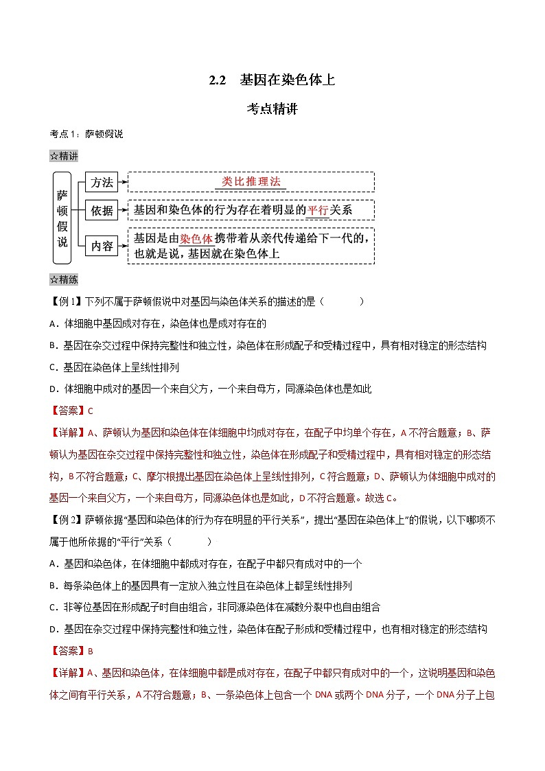 2.2 基因在染色体上-2021-2022学年高一下学期生物同步考点精讲精练（人教版2019必修2）（解析版）第1页