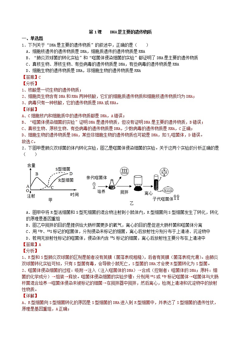 3.1  DNA是主要的遗传物质（习题精练）-2021-2022学年高一生物同步课件精讲+习题精练（人教版2019必修2）（解析版）第1页