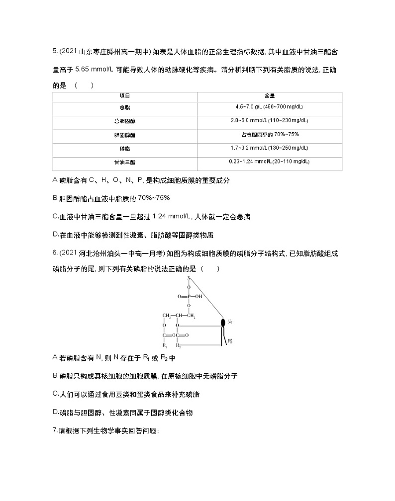 第二课时　脂质在维持细胞结构和功能中的作用-2022版生物必修第一册 苏教版（2019） 同步练习 （Word含解析）02
