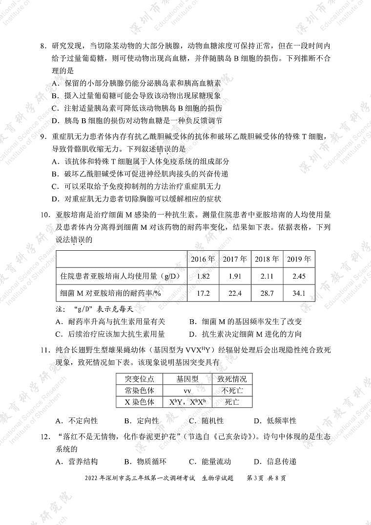 广东省深圳市2022届高三下学期第一次调研考试（一模）（2月）生物PDF版含答案03