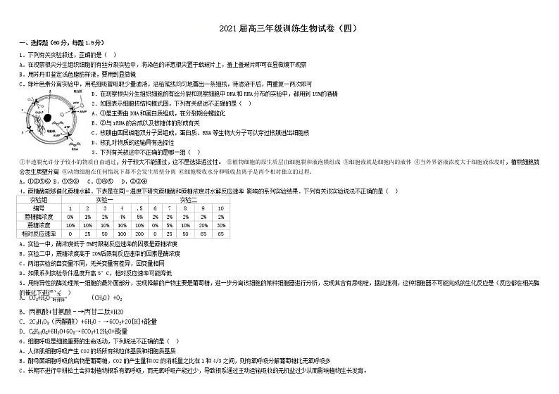 新疆师范大学附属中学2022届高三上学期一模仿真训练（四）生物试题含答案第1页