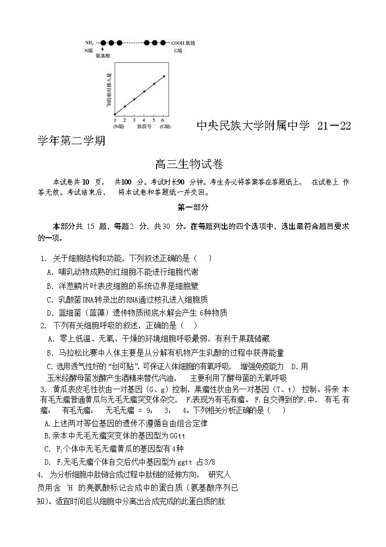 北京市中央民族大学附属中学2021-2022学年高三下学期2月适应性练习生物试题无答案第1页