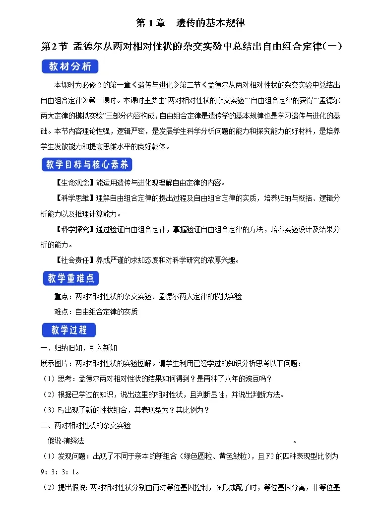 高中生物第一章遗传的基本规律第二节孟德尔从两对相对性状的杂交实验中总结出自由组合定律教案设计 教习网 教案下载 高中生物第一章遗传的基本规律第二节孟德尔从两对相对性状的杂交实验中总结出自由组合定律教案设计 教习网 教案下载