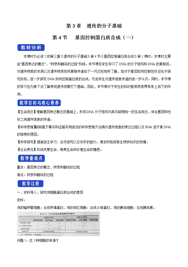 3.4.1 基因控制蛋白质合成 教学设计-浙科版高中生物必修2遗传与进化01