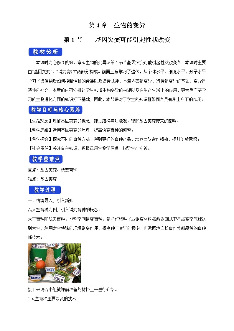 4.1 基因突变可能引起性状改变 教学设计-浙科版高中生物必修2遗传与进化01