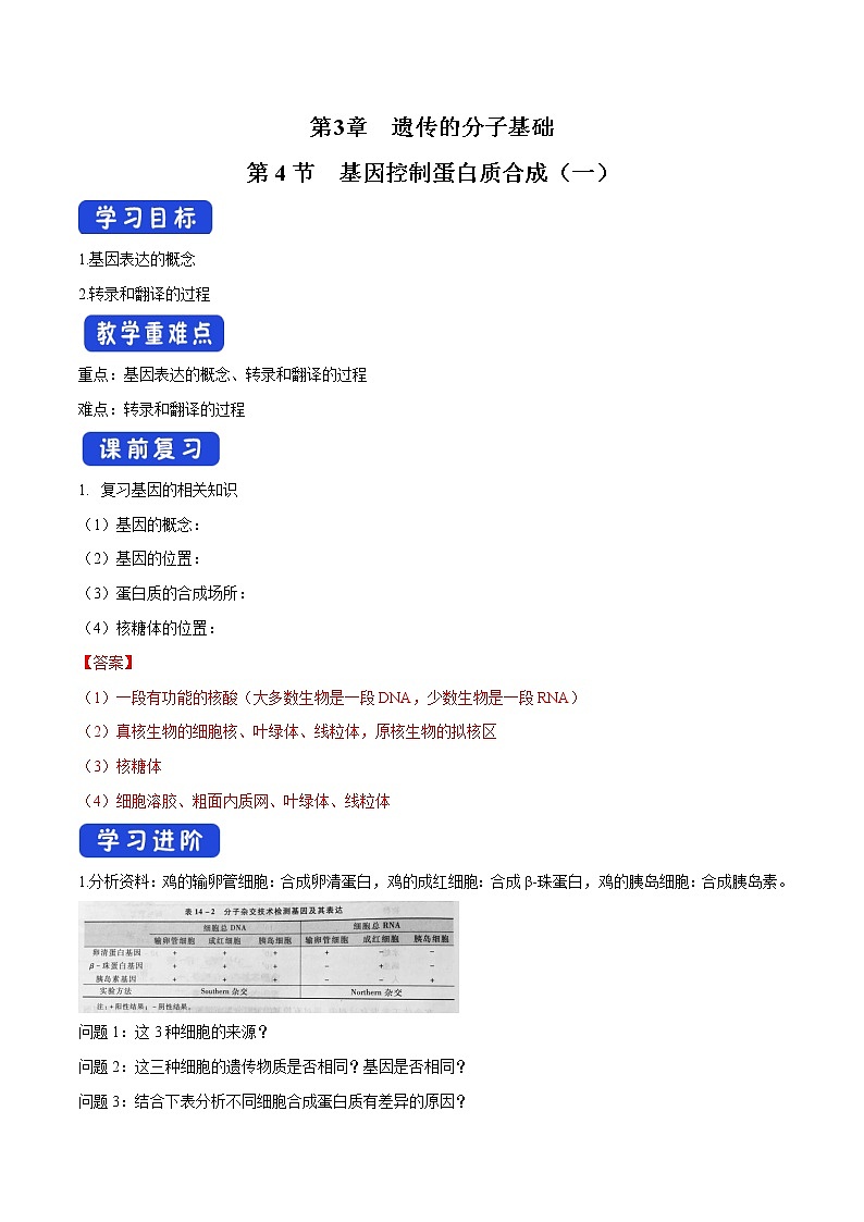 3.4.1 基因控制蛋白质合成 导学案-浙科版高中生物必修2遗传与进化第1页
