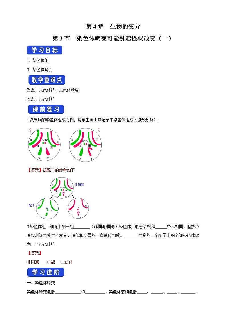 4.3.1 染色体畸变可能引起性状改变 导学案-浙科版高中生物必修2遗传与进化01