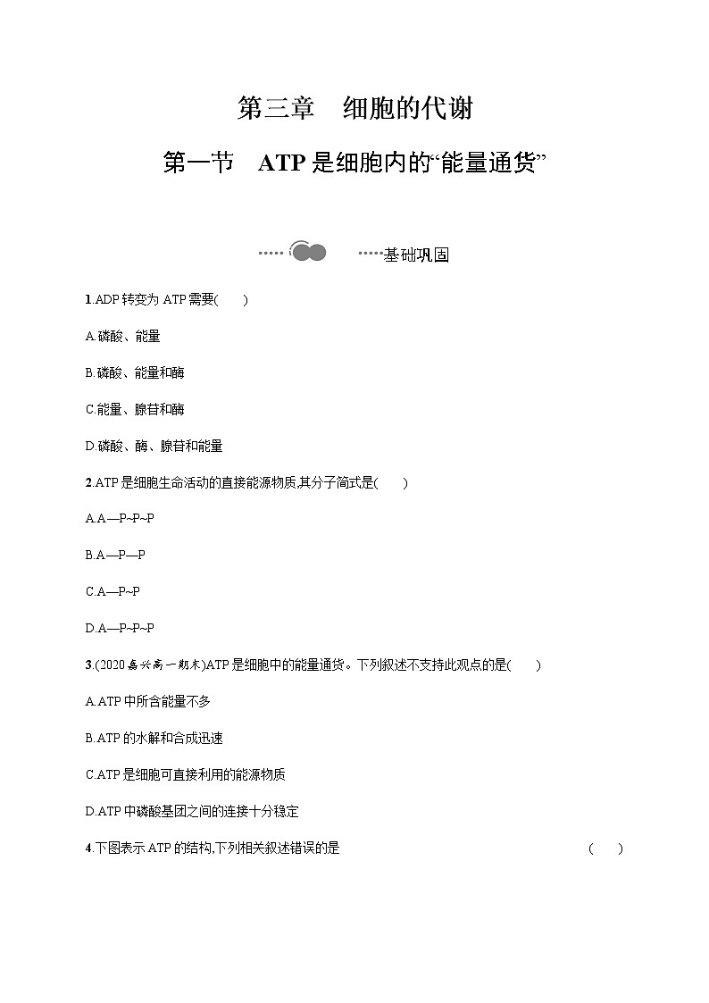 3.1 ATP是细胞内的“能量通货”-练习浙科版（2019）高中生物必修一01