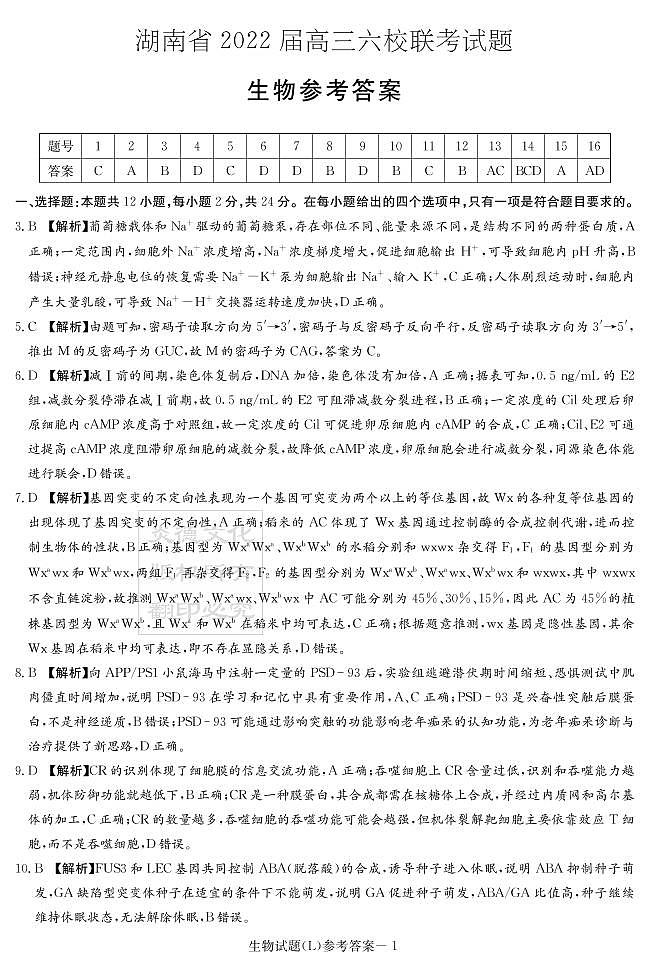 2022届湖南省六校高三下学期2月联考生物试题 PDF版01