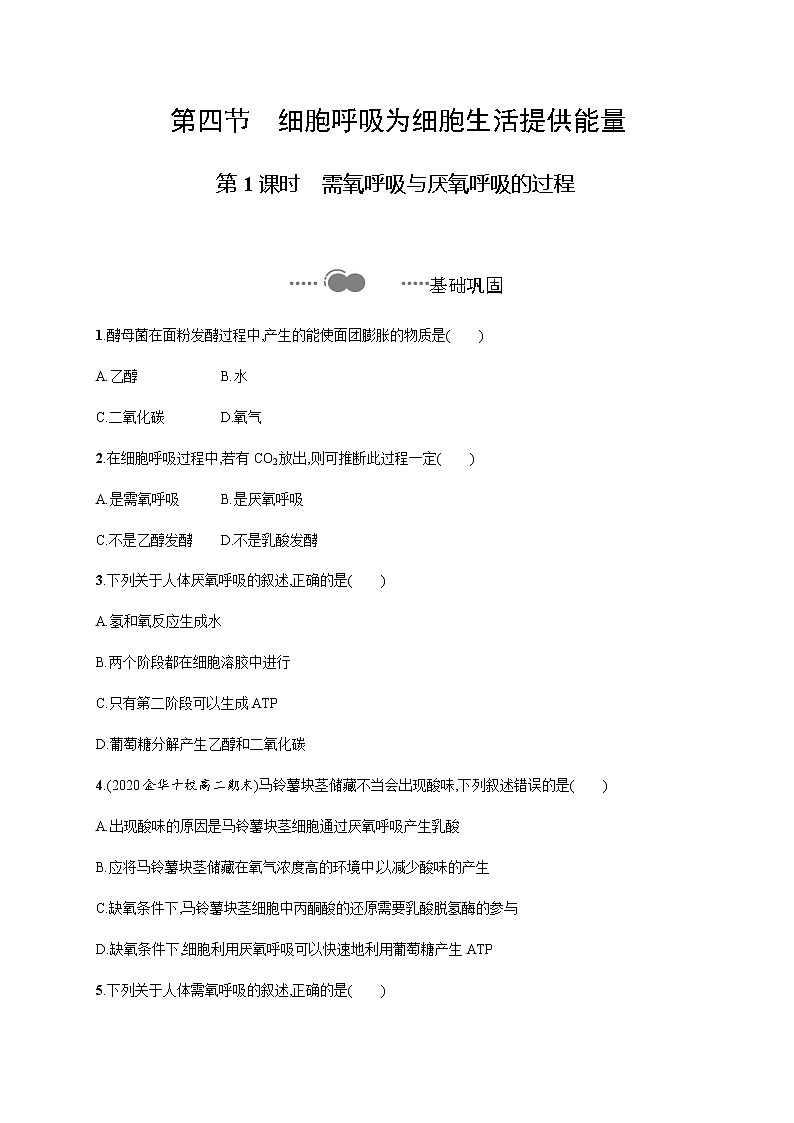 3.4 第1课时　需氧呼吸与厌氧呼吸的过程-练习浙科版（2019）高中生物必修一第1页