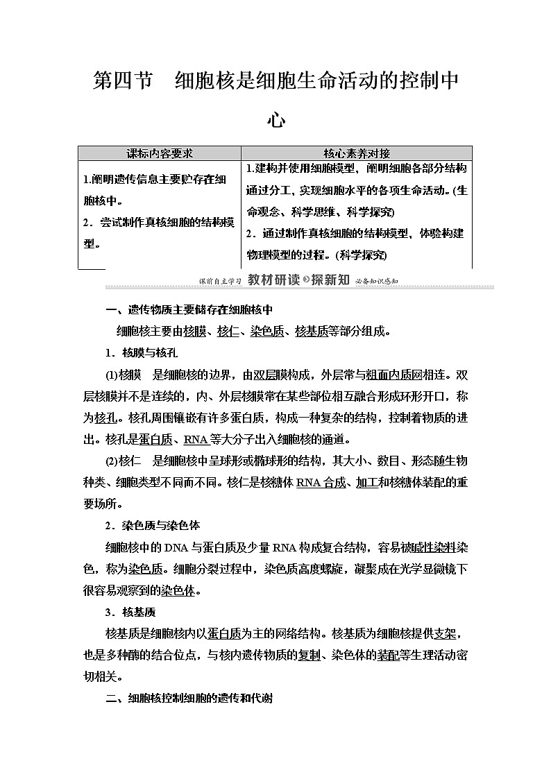 第2章　第4节　细胞核是细胞生命活动的控制中心 讲义 2020-2021学年浙科版（2019）高中生物必修一教案01