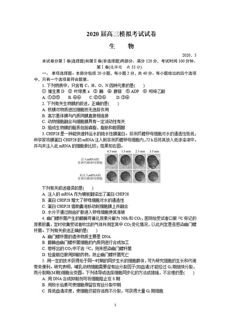 江苏省泰州市2020届高三5月第二次模拟考试生物试题含答案01