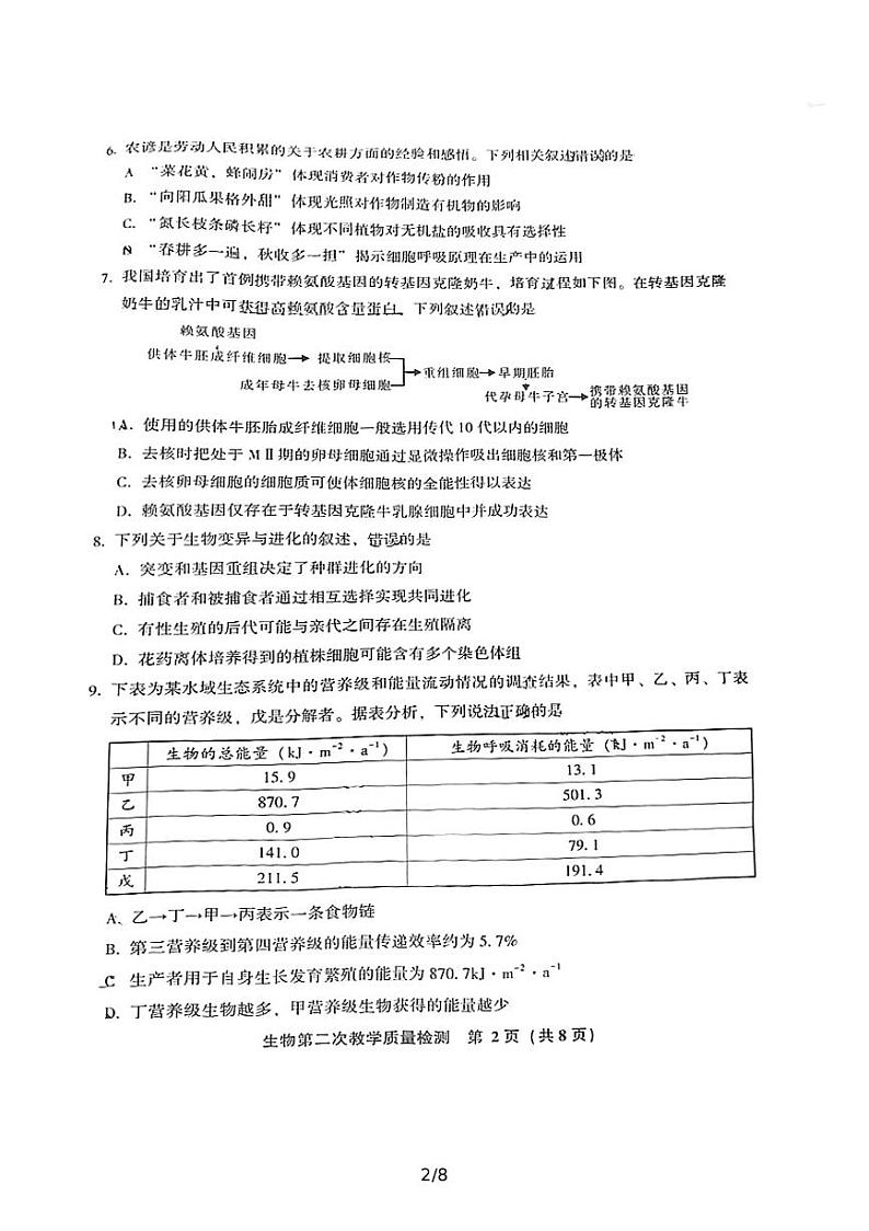 福建省漳州市2022届高三毕业班第二次教学质量检测（二模）生物试题含答案02