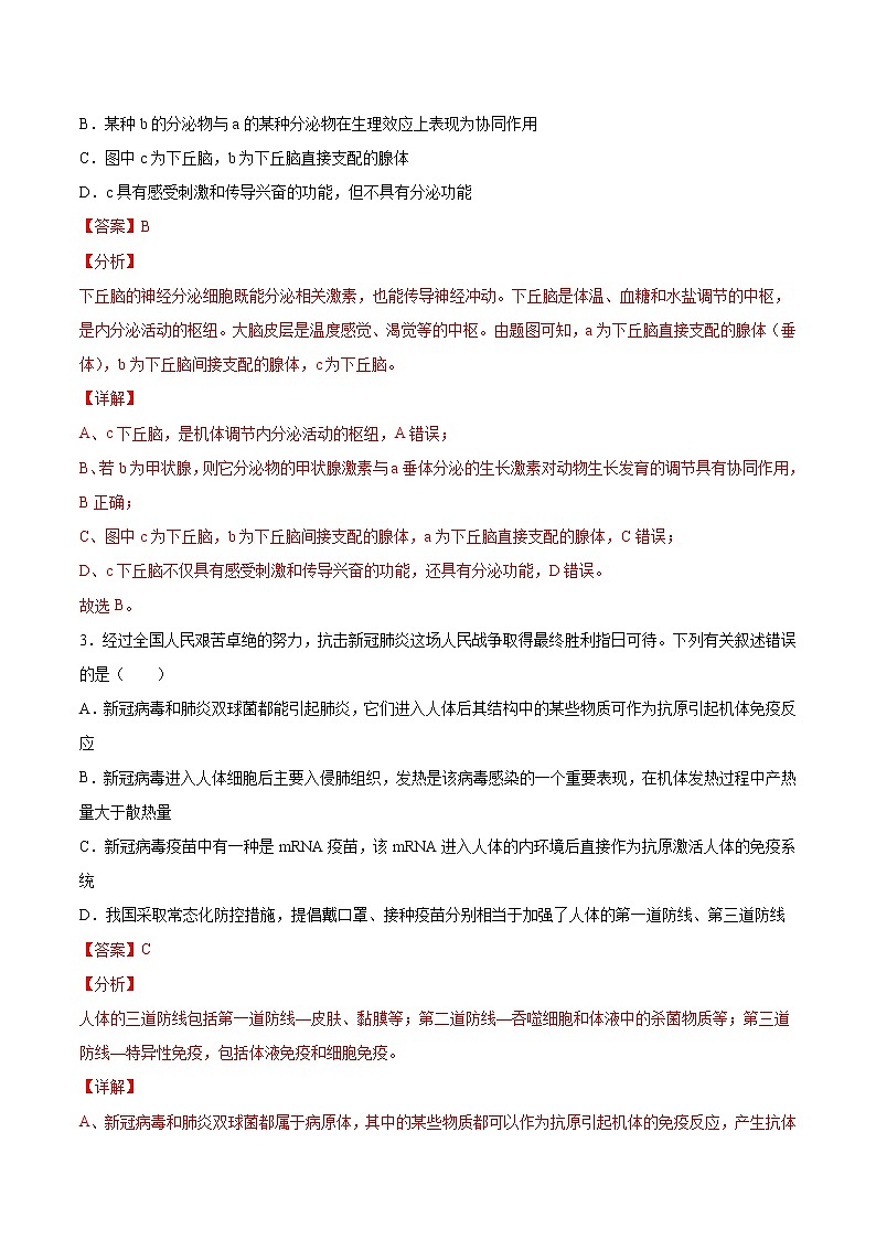 考点13 动物生命活动的调节-2022年高考生物一轮复习小题多维练（全国通用）（解析版）第2页