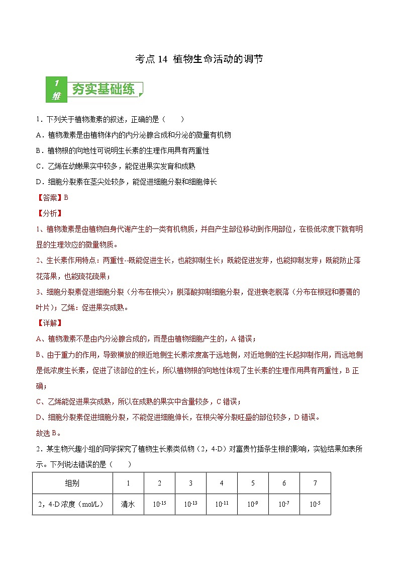 考点14 植物生命活动的调节-2022年高考生物一轮复习小题多维练（全国通用）（解析版）第1页